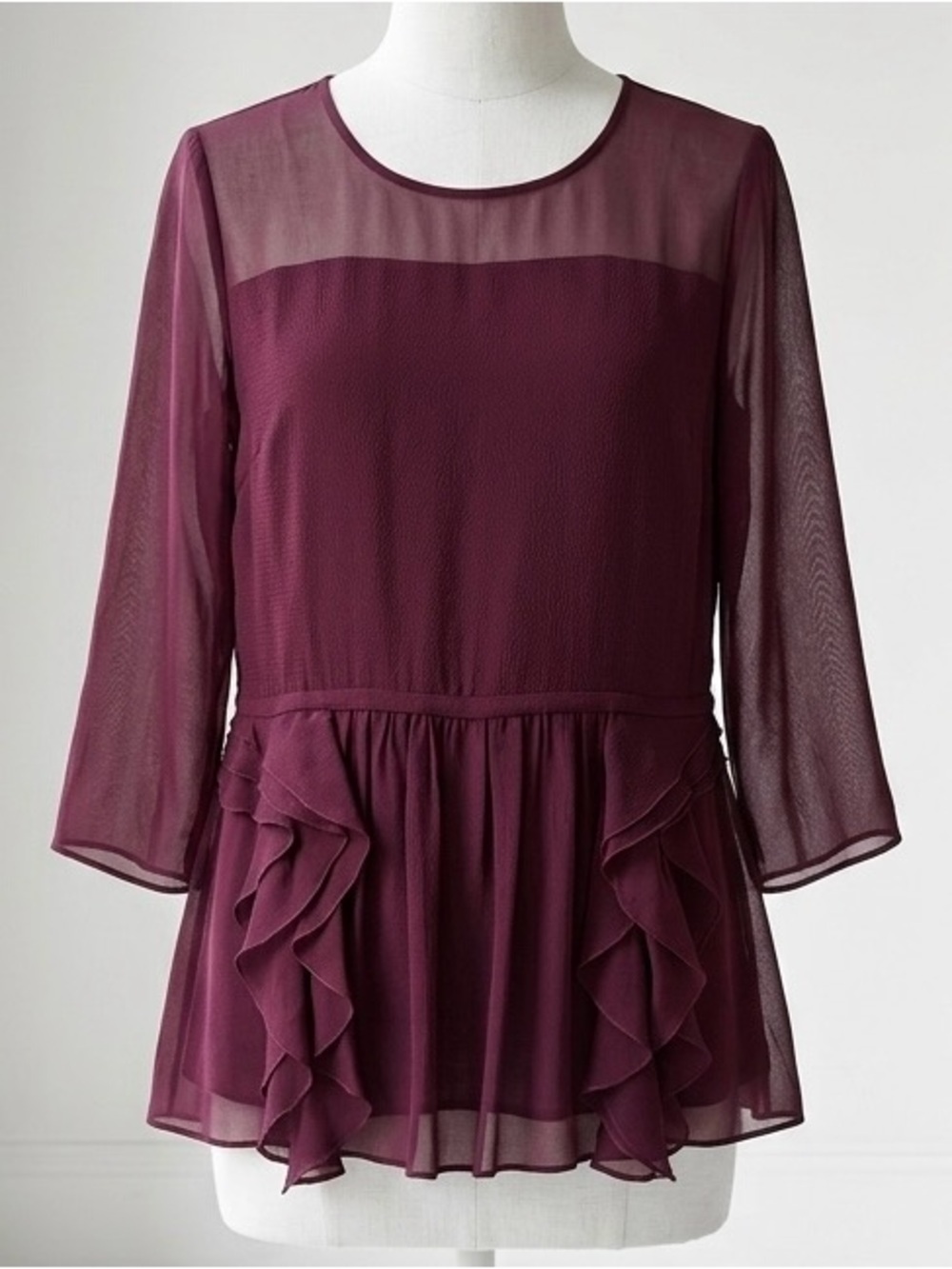 Theory|Wine Lightweight 100% Silk Sheer Ruffle Peplum 3/4 Sleeve Top Blouse Sz S